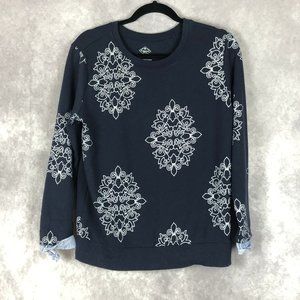 St.‎ Johns Bay Sweater Womens Medium Navy Blue White Abstract Striped Tie Cuffs